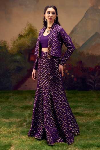Buy_Muskann Kapadiaa_Purple Mandarin Collar, V-neck Aanya Bandhani Woven Jacket Lehenga Set _Online_at_Aza_Fashions