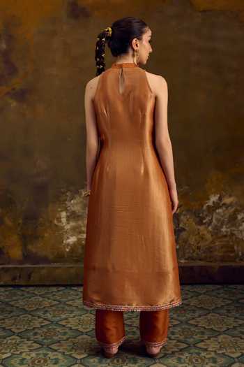 Shop_Muskann Kapadiaa_Yellow Brocade High Neck Bhairavi Woven Kurta Set _at_Aza_Fashions
