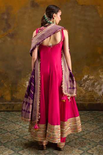 Shop_Muskann Kapadiaa_Pink Silk, Chanderi V-neck Utsav Anarkali Set _at_Aza_Fashions