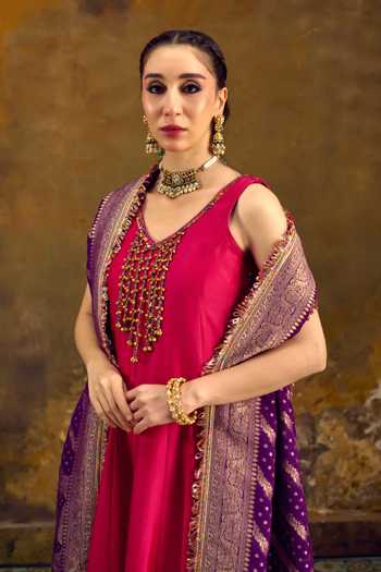 Buy_Muskann Kapadiaa_Pink Silk, Chanderi V-neck Utsav Anarkali Set _Online_at_Aza_Fashions