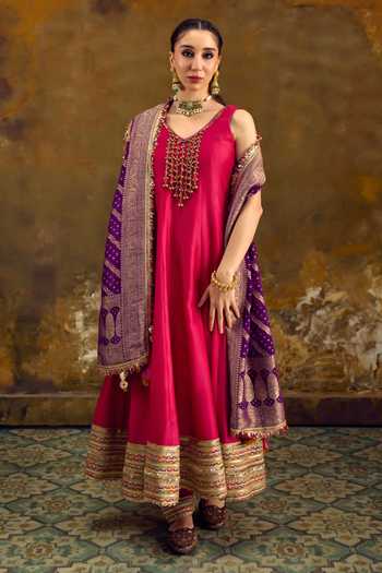 Buy_Muskann Kapadiaa_Pink Silk, Chanderi V-neck Utsav Anarkali Set _at_Aza_Fashions