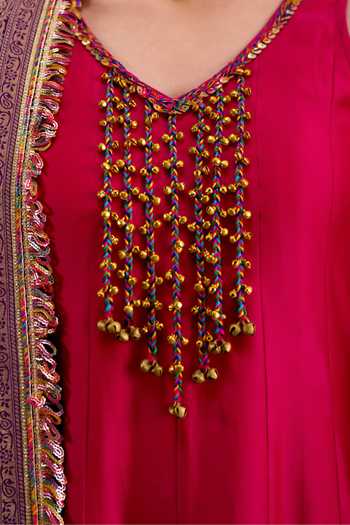 Shop_Muskann Kapadiaa_Pink Silk, Chanderi V-neck Utsav Anarkali Set _Online_at_Aza_Fashions