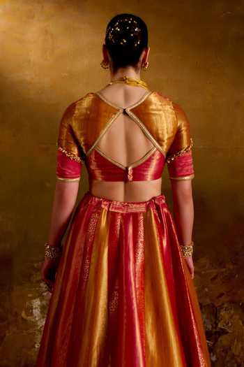 Shop_Muskann Kapadiaa_Red Brocade Open Neck Saubhagya Banarasi Woven Lehenga Set _at_Aza_Fashions
