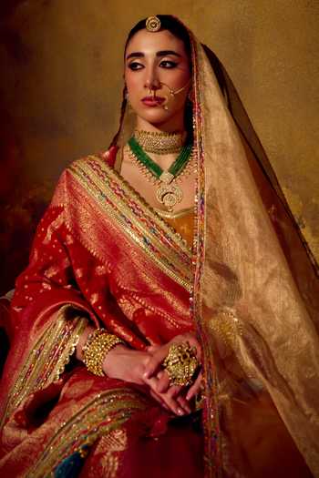 Shop_Muskann Kapadiaa_Red Brocade Open Neck Saubhagya Banarasi Woven Lehenga Set _Online_at_Aza_Fashions