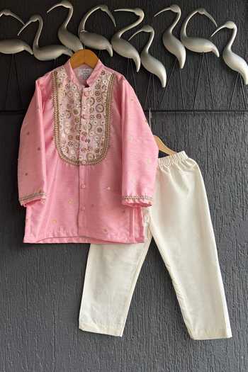Buy_The little tales_Pink Silk, Cotton Yoke Embroidered Kurta Set _at_Aza_Fashions