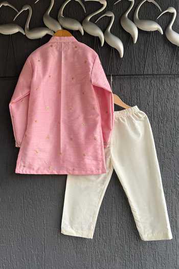 Shop_The little tales_Pink Silk, Cotton Yoke Embroidered Kurta Set _at_Aza_Fashions