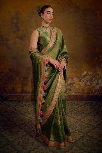 Muskann Kapadiaa_Olive Green Silk Vana Banarasi Woven Saree _Online_at_Aza_Fashions