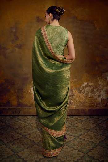 Shop_Muskann Kapadiaa_Olive Green Silk Vana Banarasi Woven Saree _at_Aza_Fashions