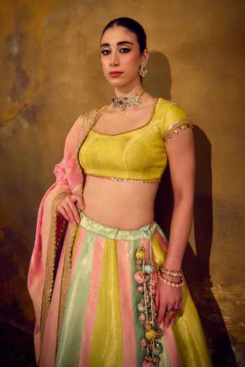 Muskann Kapadiaa_Multi Color Brocade Square Neck Pari Banarasi Lehenga Set _Online_at_Aza_Fashions