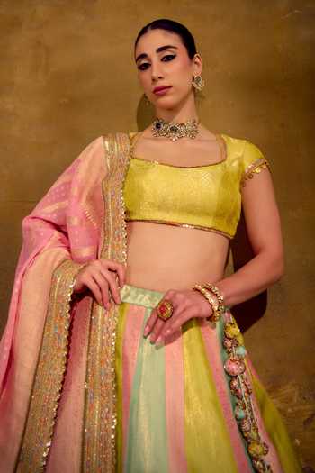 Buy_Muskann Kapadiaa_Multi Color Brocade Square Neck Pari Banarasi Lehenga Set _Online_at_Aza_Fashions