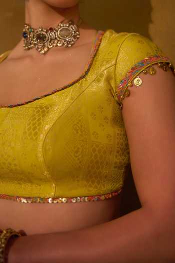 Shop_Muskann Kapadiaa_Multi Color Brocade Square Neck Pari Banarasi Lehenga Set _Online_at_Aza_Fashions