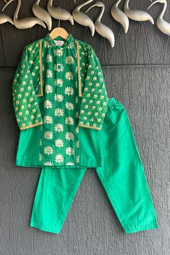 Buy_The little tales_Green Silk, Cotton Flower Woven Kurta Set _at_Aza_Fashions