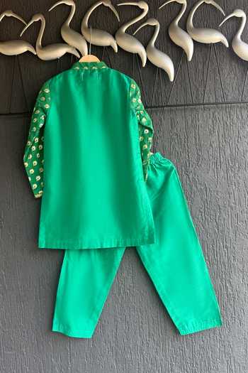 Shop_The little tales_Green Silk, Cotton Flower Woven Kurta Set _at_Aza_Fashions