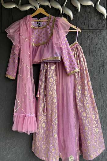 Buy_The little tales_Purple Silk, Cotton, Organza Flower Woven Lehenga Set _at_Aza_Fashions