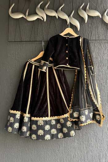 Shop_The little tales_Black Cotton, Net, Velvet Lehenga Set _at_Aza_Fashions