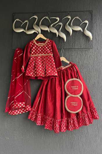 Buy_The little tales_Red Silk, Cotton, Net Floral Woven Blouse Lehenga Set _at_Aza_Fashions