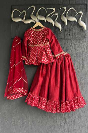 Shop_The little tales_Red Silk, Cotton, Net Floral Woven Blouse Lehenga Set _at_Aza_Fashions