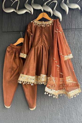 Shop_The Little Tales_Brown Silk Mirrors Work Kurta Set _at_Aza_Fashions