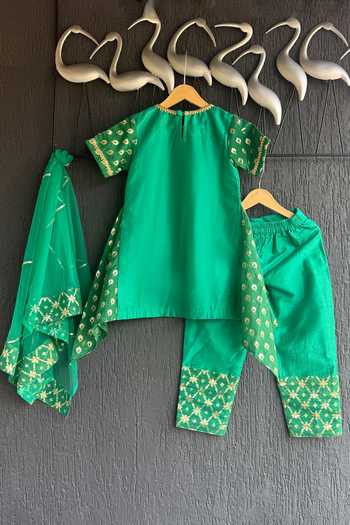 Shop_The Little Tales_Green Silk, Cotton Placement Woven Kurta Set _at_Aza_Fashions