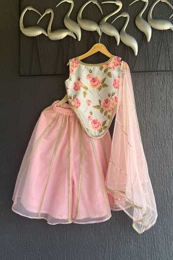 Shop_The Little Tales_Pink Organza Zari Printed Crop Top And Palazzo Set _at_Aza_Fashions