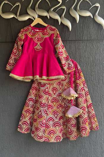 Buy_The Little Tales_Magenta Silk, Cotton Embroidered Peplum Top And Lehenga Set _at_Aza_Fashions