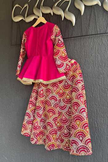 Shop_The Little Tales_Magenta Silk, Cotton Embroidered Peplum Top And Lehenga Set _at_Aza_Fashions