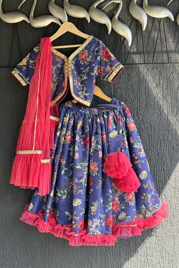 Buy_The Little Tales_Blue Silk, Cotton Floral Print Lehenga Set _at_Aza_Fashions