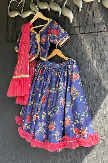 Shop_The Little Tales_Blue Silk, Cotton Floral Print Lehenga Set _at_Aza_Fashions