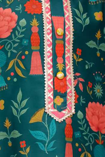 The Little Tales_Green Silk, Cotton Mughal Print Kurta Set _Online_at_Aza_Fashions