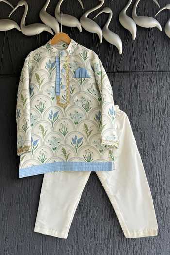 Buy_The Little Tales_Off White Silk, Cotton Flower Print Kurta Set _at_Aza_Fashions