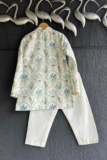 Shop_The Little Tales_Off White Silk, Cotton Flower Print Kurta Set _at_Aza_Fashions