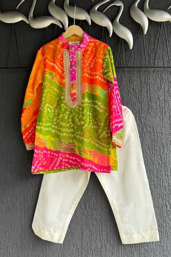 Buy_The Little Tales_Multicolor Silk, Cotton Bandhej Print Kurta Set _at_Aza_Fashions