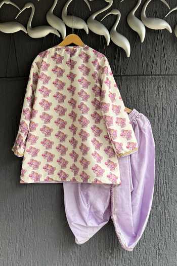 Shop_The Little Tales_Purple Silk, Cotton Ganpati Print Kurta And Dhoti Pant Set _at_Aza_Fashions
