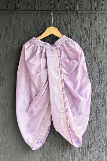 Shop_The Little Tales_Purple Silk, Cotton Ganpati Print Kurta And Dhoti Pant Set _Online_at_Aza_Fashions