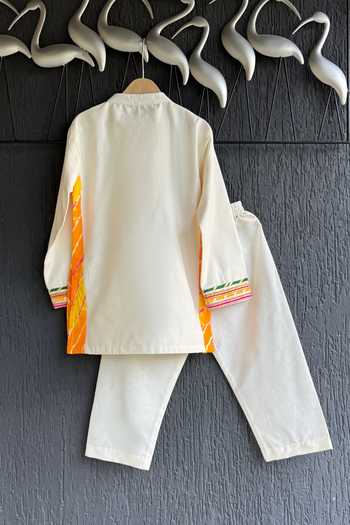 Shop_The Little Tales_Off White Silk, Cotton Bandhej Print Kurta Set _at_Aza_Fashions