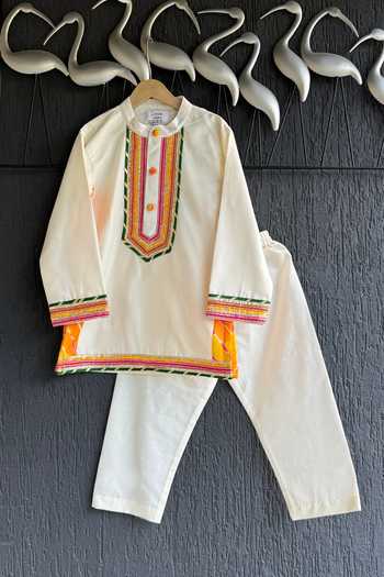 Buy_The Little Tales_Off White Silk, Cotton Bandhej Print Kurta Set _at_Aza_Fashions
