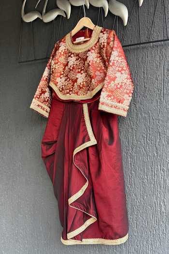 Shop_The Little Tales_Red Brocade Woven Blouse And Skirt Set _at_Aza_Fashions