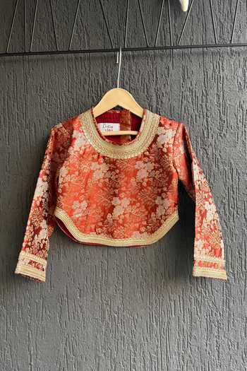Shop_The Little Tales_Red Brocade Woven Blouse And Skirt Set _Online_at_Aza_Fashions