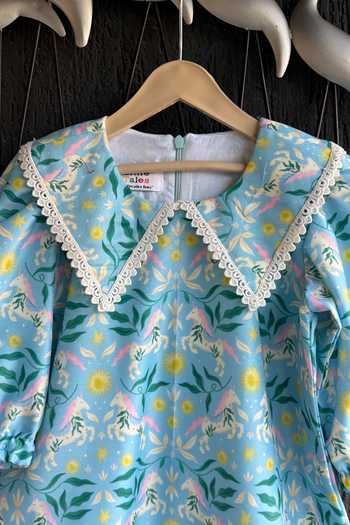 The Little Tales_Blue Silk Floral Print Kurta Set _Online_at_Aza_Fashions