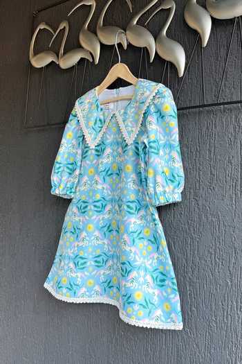Shop_The Little Tales_Blue Silk Floral Print Kurta Set _Online_at_Aza_Fashions
