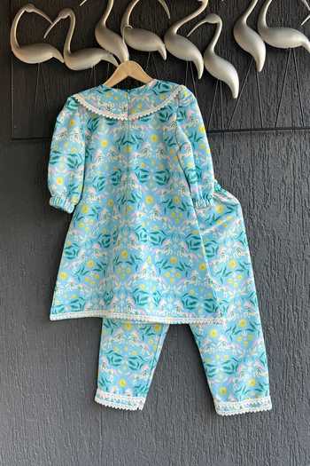The Little Tales_Blue Silk Floral Print Kurta Set _at_Aza_Fashions