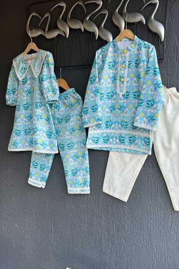 Buy_The Little Tales_Blue Silk Floral Print Kurta Set 