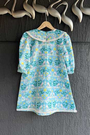 Shop_The Little Tales_Blue Silk Floral Print Kurta Set 