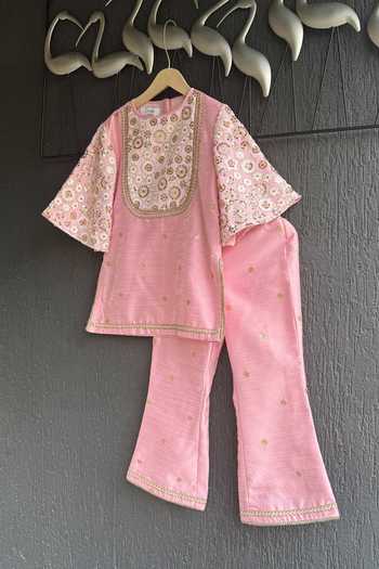 The Little Tales_Pink Silk Embroidered Kurta Set _Online_at_Aza_Fashions