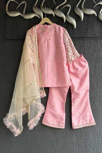 Shop_The Little Tales_Pink Silk Embroidered Kurta Set _at_Aza_Fashions