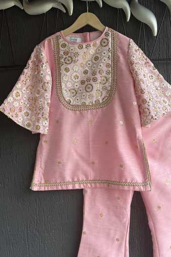 Buy_The Little Tales_Pink Silk Embroidered Kurta Set _Online_at_Aza_Fashions