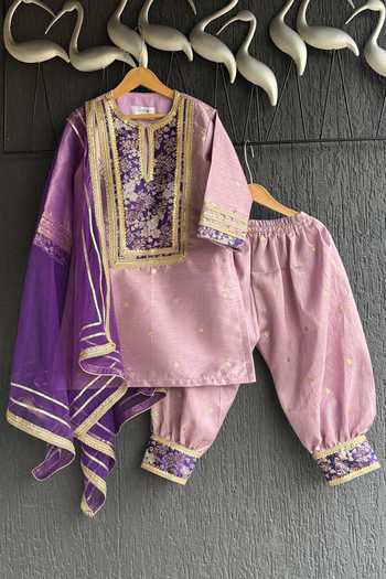 Buy_The Little Tales_Purple Silk, Cotton Embroidery, Zari Placement Woven Kurta Set _at_Aza_Fashions