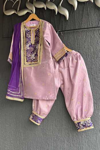 Shop_The Little Tales_Purple Silk, Cotton Embroidery, Zari Placement Woven Kurta Set _at_Aza_Fashions