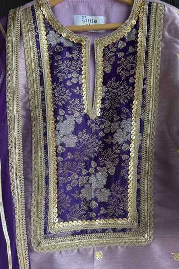 Buy_The Little Tales_Purple Silk, Cotton Embroidery, Zari Placement Woven Kurta Set _Online_at_Aza_Fashions