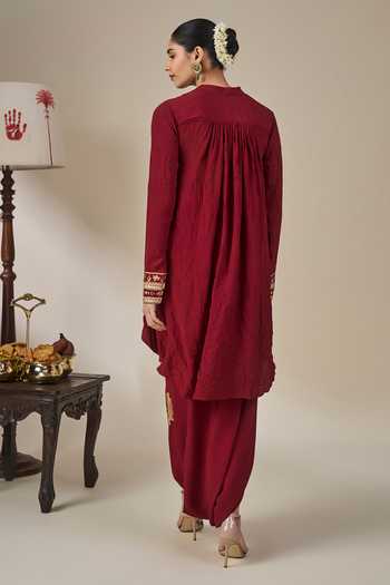 Shop_Masaba_Maroon Crepe, Silk Foil Printing Mandarin Astral Arch Top And Dhoti Pant Set _at_Aza_Fashions